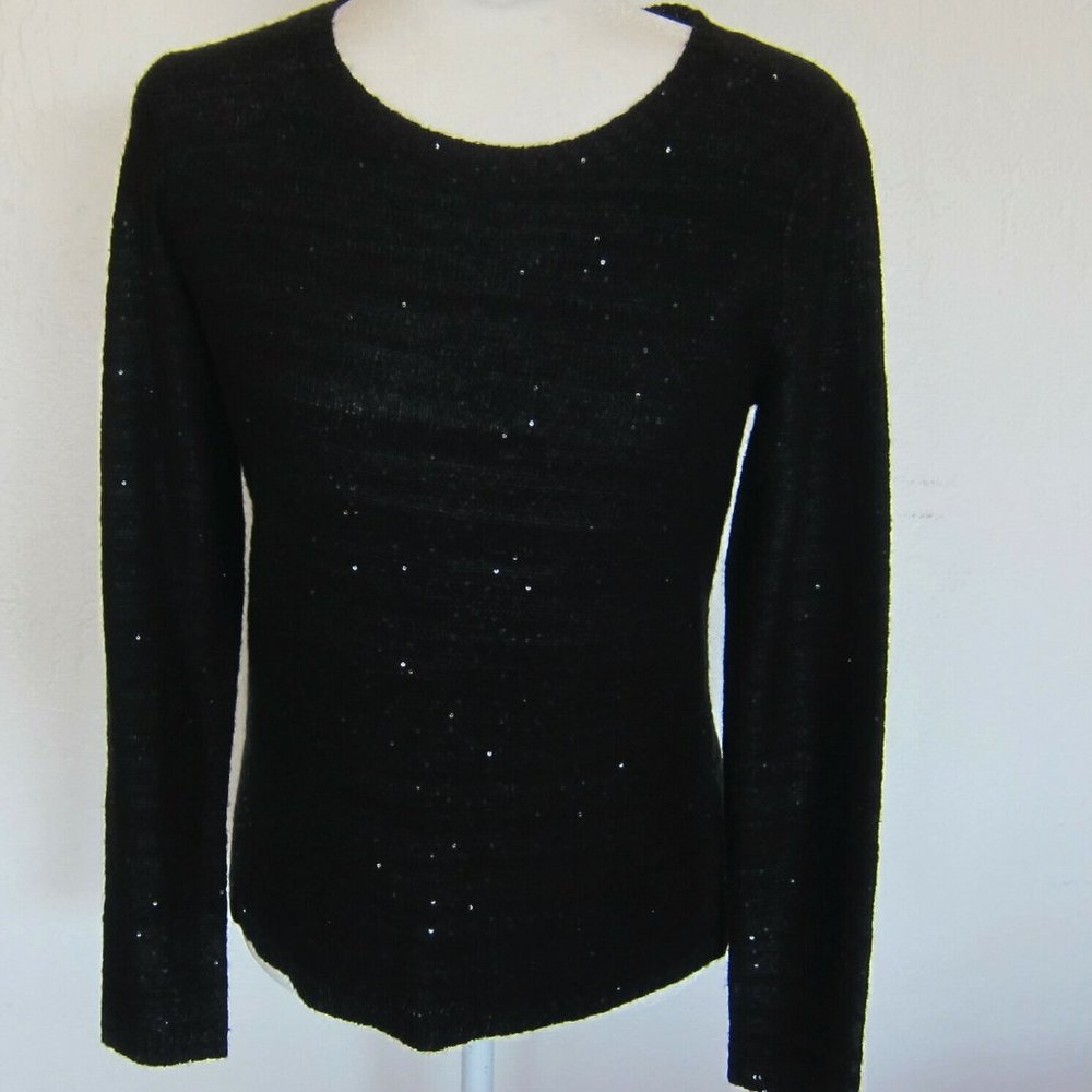BROOKS BROTHERS 346 black polyester/wool sweater with sequins and back bow - Med